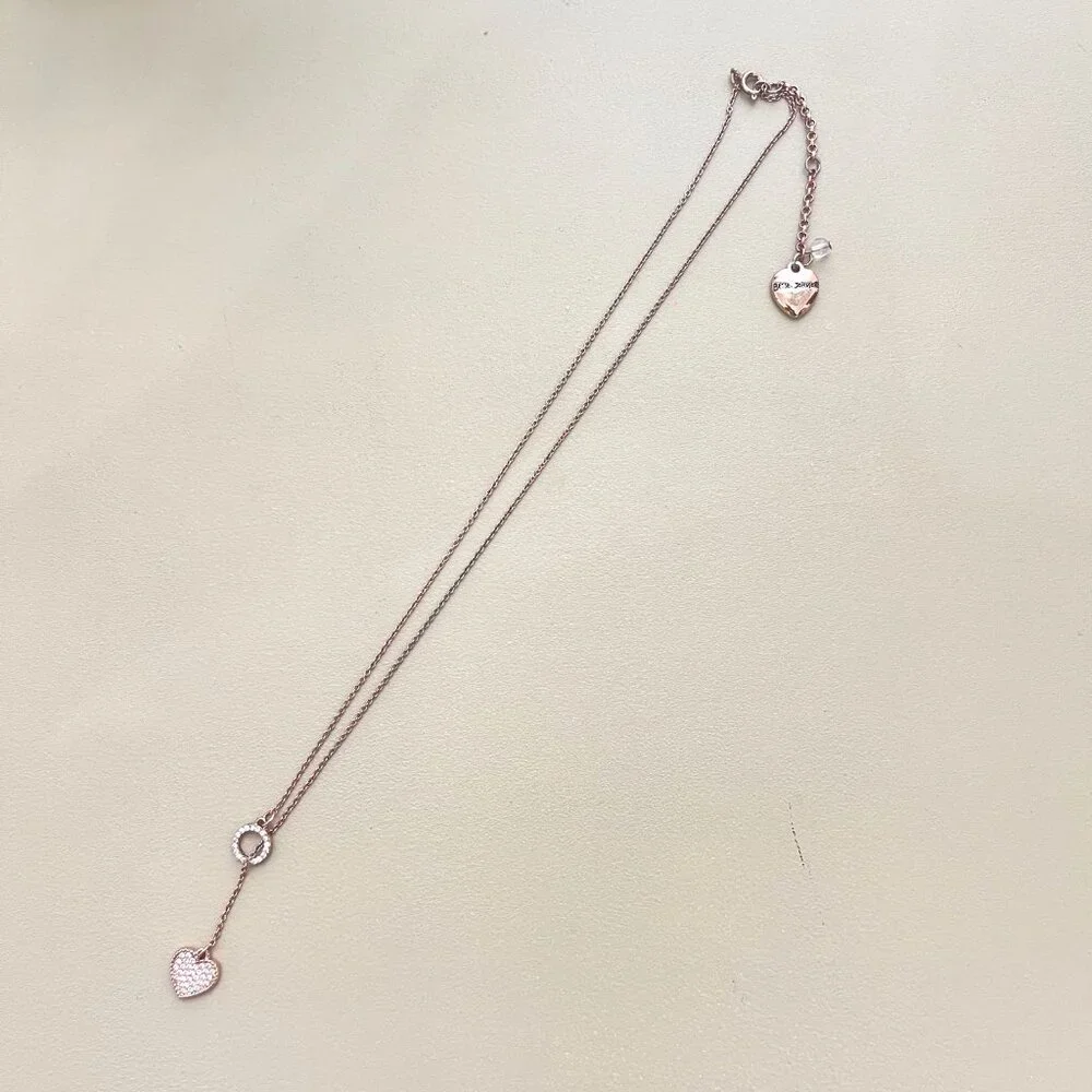 Betsey Johnson Necklace Rose Gold Crystal Heart Lariat